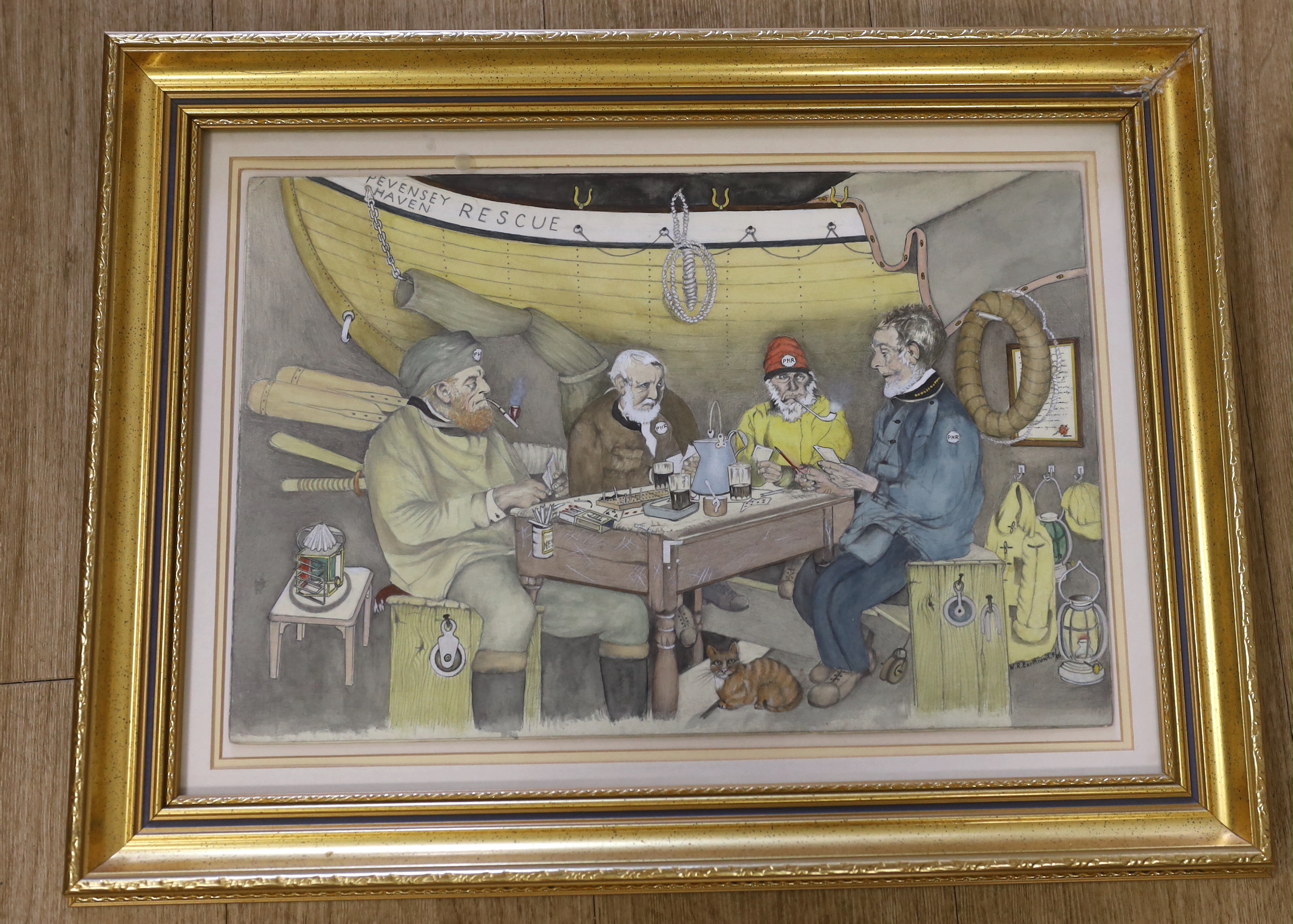 W.R. Earthrowl (Modern British) Pevensey lifeboatmen playing crib, watercolour on paper, signed dated 1996, 29 x 44 cm